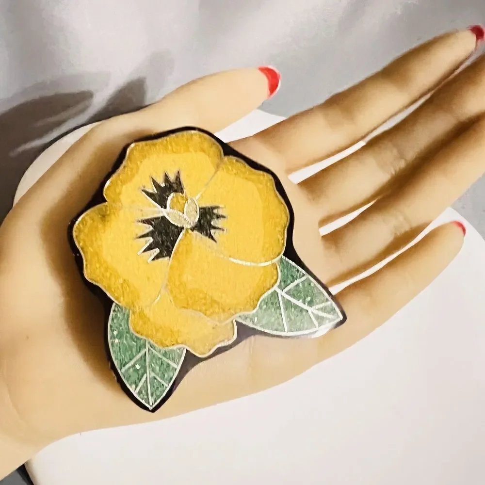 Vintage Pansy Inlay Brooch Yellow Green Silver Flower Floral Huge 2.75 4672